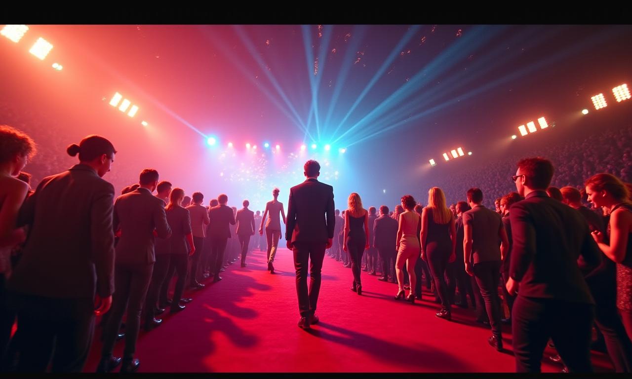 Montage of celebrity events and behind-the-scenes footage, vibrant and dynamic.