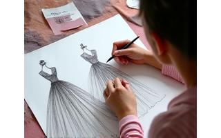 Fashion designer sketching elegant celebrity gown.