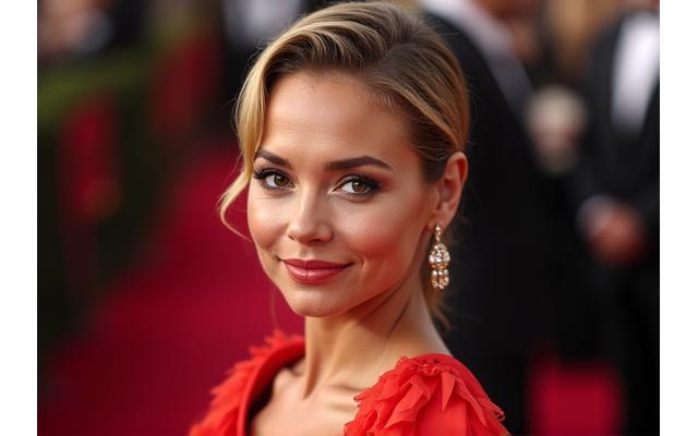 Close-up of a celebrity with dramatic lighting on a red carpet.