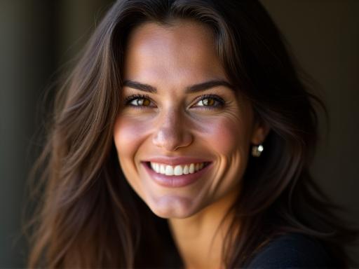 Portrait of Elara Thorne, a famous actress, smiling confidently