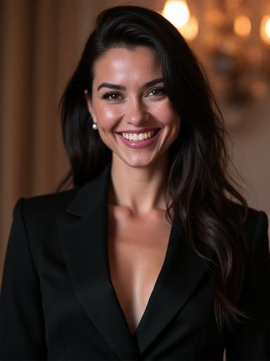 Portrait of Elara Thorne, a famous actress, smiling confidently