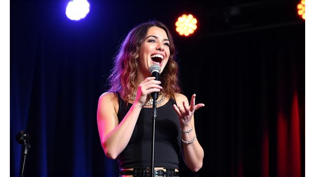Thumbnail of Sarah Jensen, a comedian, on stage performing