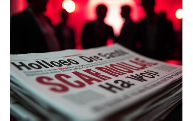 Newspaper headline about a celebrity scandal with blurry background of paparazzi cameras