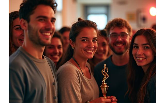 Group of indie filmmakers celebrating at a film festival, holding awards