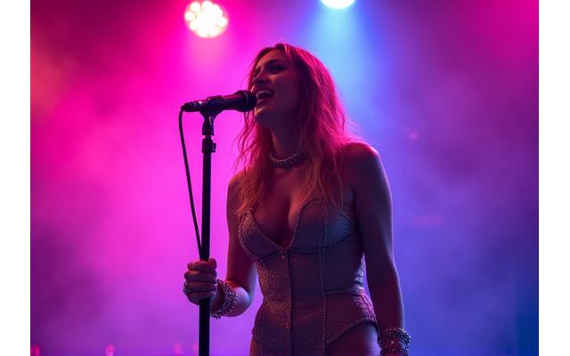 Pop star on stage with dazzling lights, announcing new music album