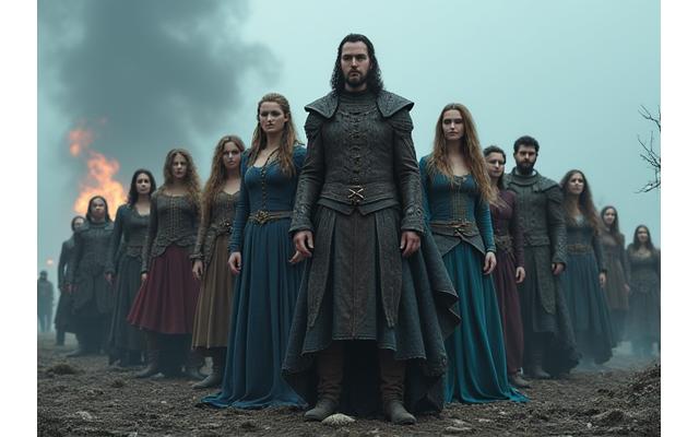Fantasy TV show characters in dramatic pose, hinting at season finale